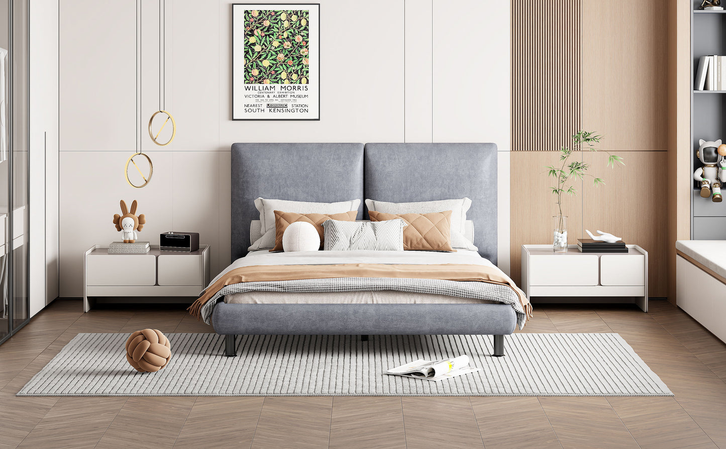 Queen Size Upholstered Platform Bed With 2 Large Headrests And Thick - Gray