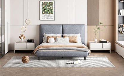 Queen Size Upholstered Platform Bed With 2 Large Headrests And Thick - Gray