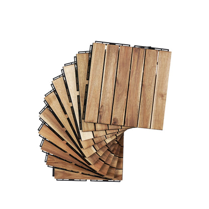 10 Piece Interlocking Deck Tiles Striped Pattern, Square Acacia Hardwood Outdoor Flooring For Patio, Bancony, Pool Side - Yellow