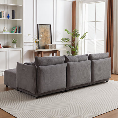 Multi Module Combination Style Sofa For Living Room And Other Lounge Spaces, Modern Minimalist Corduroy Combination Sofa With 2 Comfort Cushions With USB & C Charging Ports - Gray
