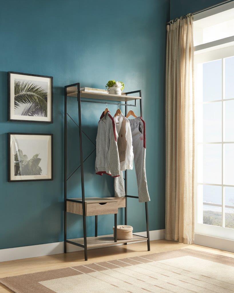 Metal Clothes Rack Open Wardrobe Free Standing With One Drawer Hanging Clothes Rod - Brown / Black Metal