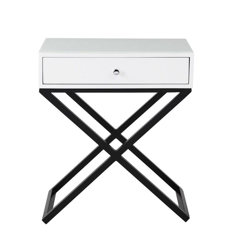 Koda - Wooden End Side Table Nightstand With Glass Top, Drawer And Metal Cross Base - White