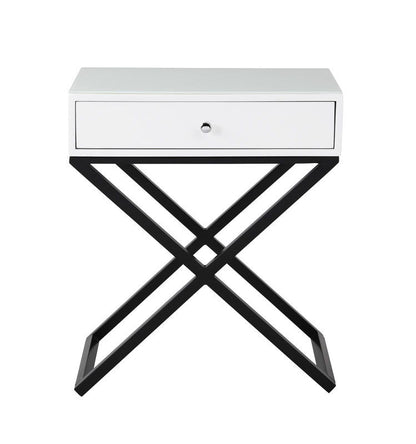 Koda - Wooden End Side Table Nightstand With Glass Top, Drawer And Metal Cross Base - White