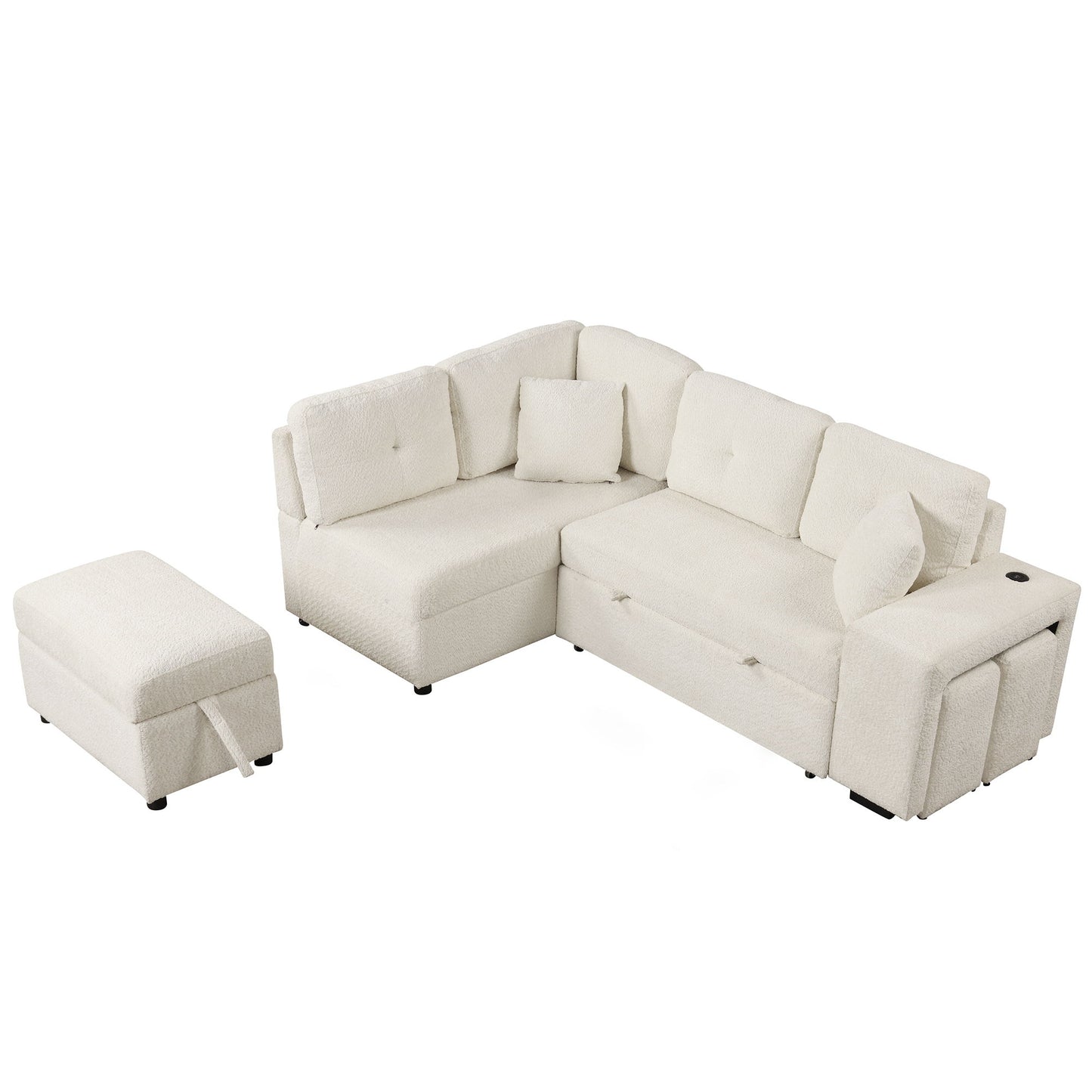 Convertible Sleeper, Sectional Pull Out Sofa Bed With Storage Ottoman, 2 Throw Pillows, 2 Stools, Wireless Charger And Two Hidden USB Ports For Living Room - Cream