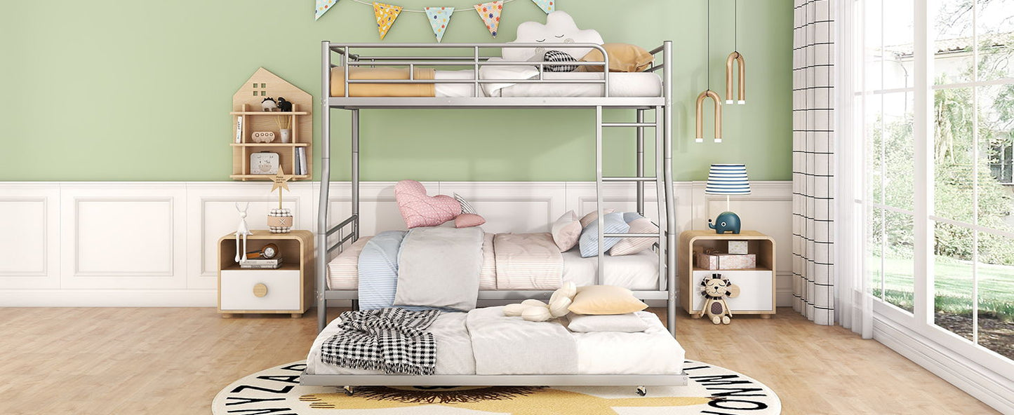 Full Long Over Queen Metal Bunk Bed With Trundle - Silver