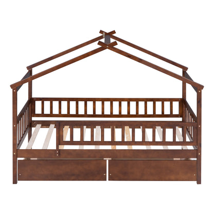 Twin Size House Bed With 2 Drawers - Walnut