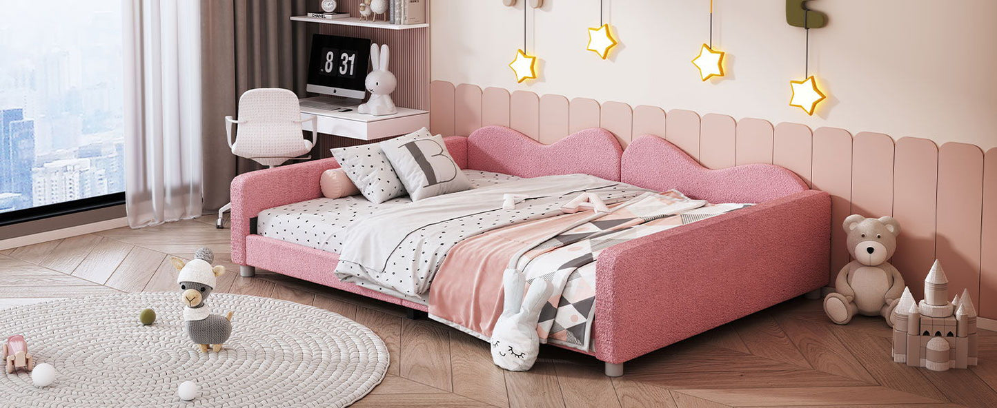 Full Size Upholstered Daybed, Sherpa Fabric Sofabed With Cloud-Shaped Backrest, No Box - Spring Needed - Pink