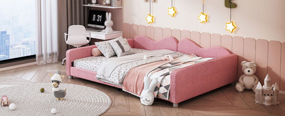 Full Size Upholstered Daybed, Sherpa Fabric Sofabed With Cloud-Shaped Backrest, No Box - Spring Needed - Pink
