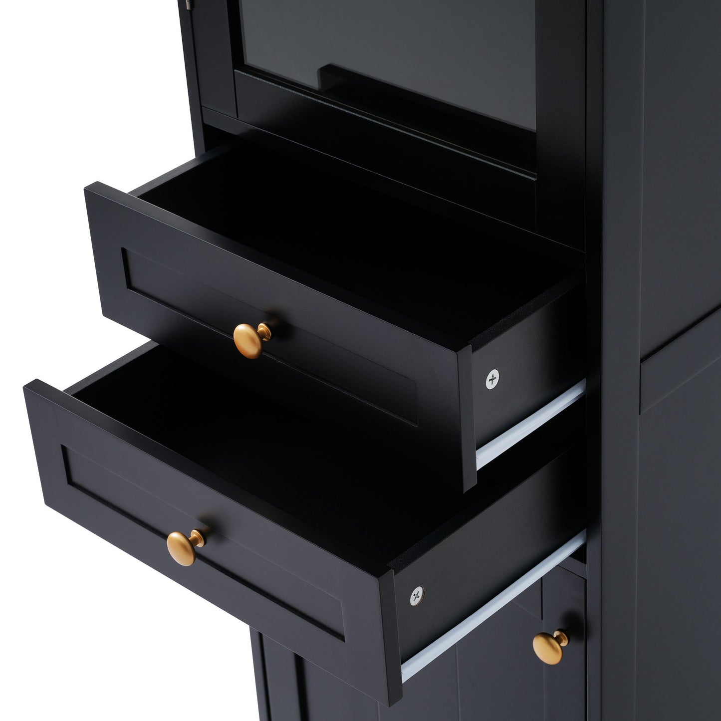 Tall Bathroom Storage Cabinet With Glass Doors, Free-Standing, Two Drawers, And Adjustable Shelves, MDF Board, Painted Perfect For Displaying Your Favorite Items - Black
