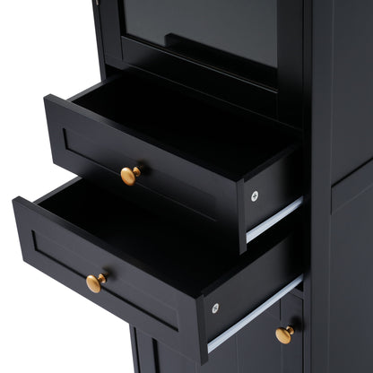 Tall Bathroom Storage Cabinet With Glass Doors, Free-Standing, Two Drawers, And Adjustable Shelves, MDF Board, Painted Perfect For Displaying Your Favorite Items - Black