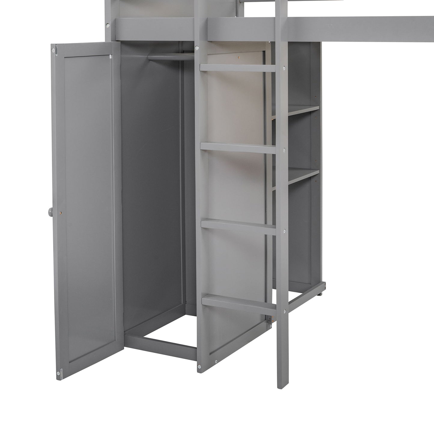 Twin Size Loft Bed With A Stand Alone Bed, Shelves, Desk, And Wardrobe - Gray