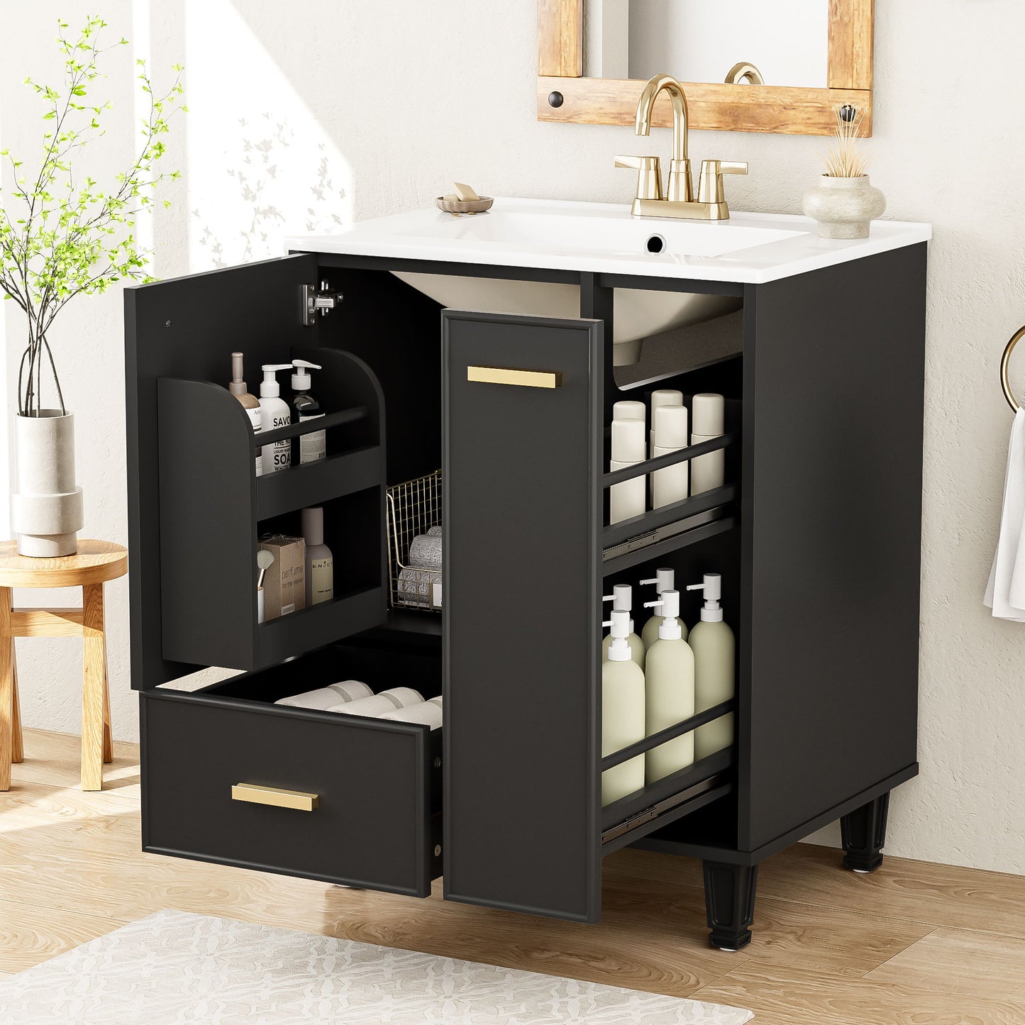 Modern Solid Wood And 24" Bathroom Vanity With Sink, Deep Drawer, Door Shelf, 2 Tier Basket - Black