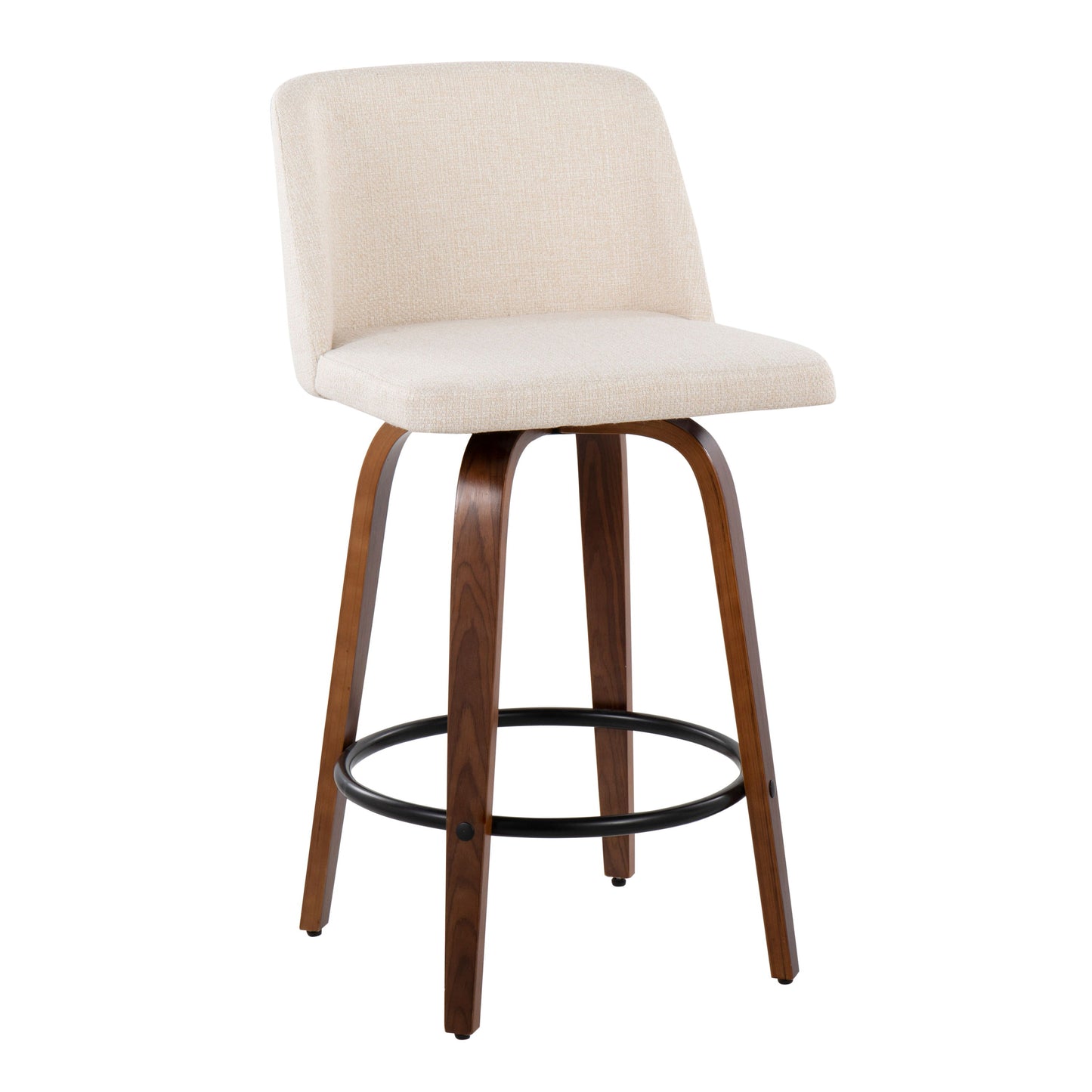 Toriano - Mid-Century Modern Fixed Height Counter Stool & Round Footrest (Set of 2) - Walnut / Cream