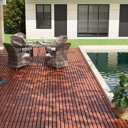 10 Piece Interlocking Deck Tiles Striped Pattern, Square Acacia Hardwood Outdoor Flooring For Patio, Bancony, Pool Side - Brown