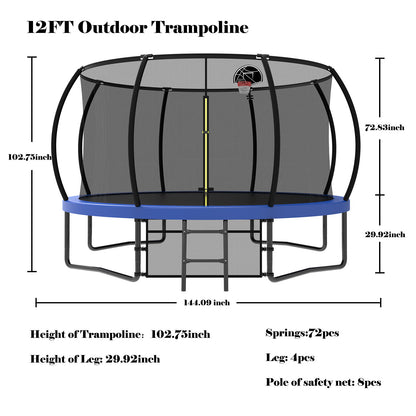 12Ft Recreational Kids Trampoline With Safety Enclosure Net & Ladder, Outdoor Recreational Trampolines - Blue