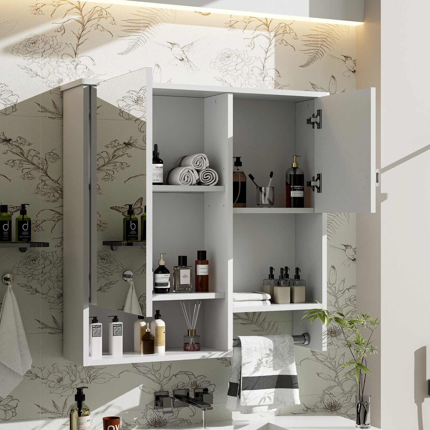 Modern Wall Mounted Bathroom Medicine Cabinet, Bathroom Wall Storage Cabinet With Mirror, Over The Toilet Space Saver Cabinet With Towels Bar - White
