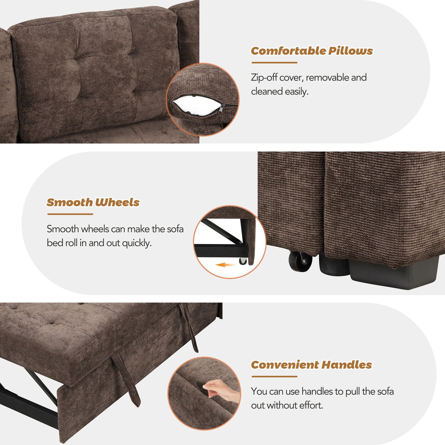 L-Shape Sofa Bed Pull-Out Sleeper Sofa With Wheels, USB Ports, Power Sockets For Living Room - Brown