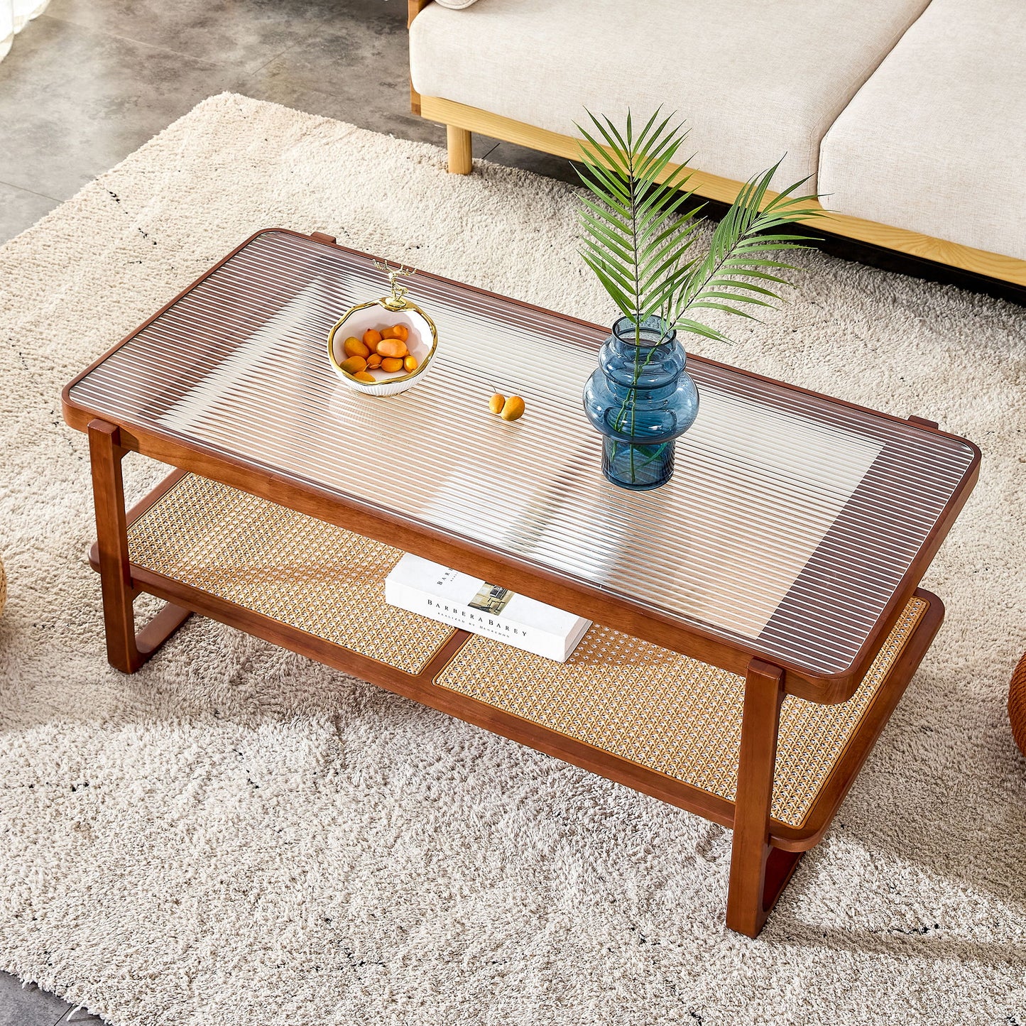 Modern Simple Rectangle Double Layer Solid Wood Glass Desktop Tea Table Rattan Woven Chinese Side Table Small Rectangle Table - Natural Wood