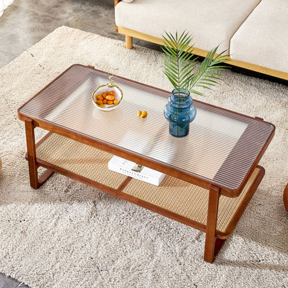 Modern Simple Rectangle Double Layer Solid Wood Glass Desktop Tea Table Rattan Woven Chinese Side Table Small Rectangle Table - Natural Wood