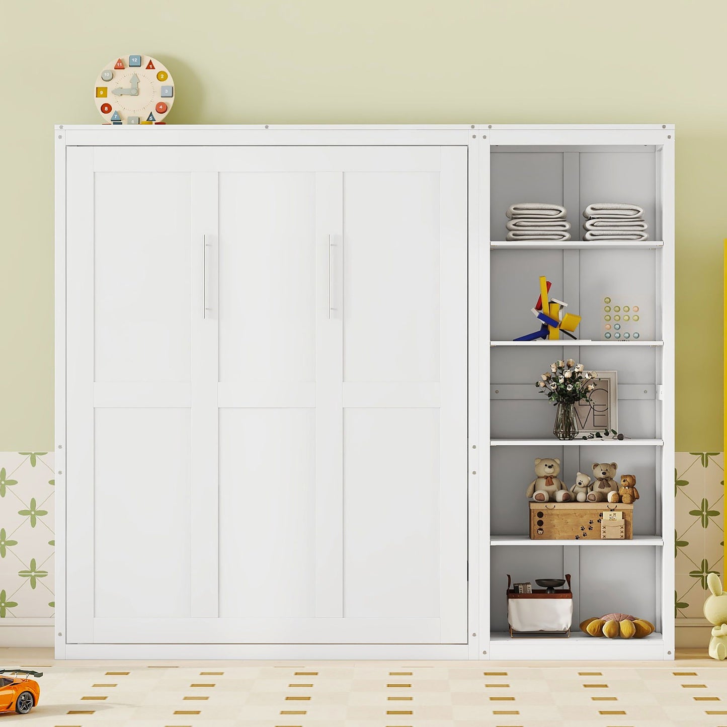 Queen Size Murphy Wall Bed With Shelves - White