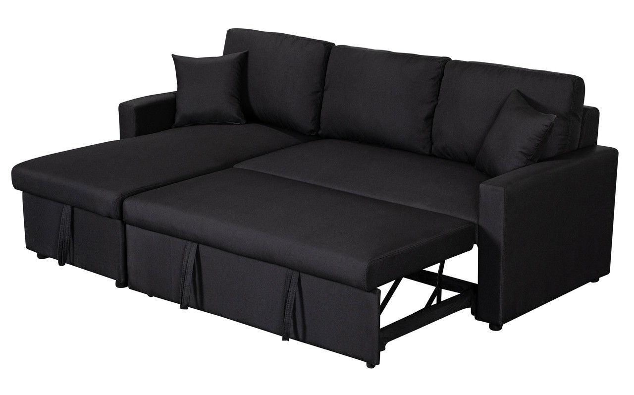 Paisley - Linen Fabric Reversible Sleeper Sectional Sofa With Storage Chaise - Black