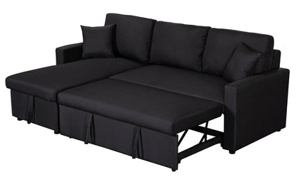 Paisley - Linen Fabric Reversible Sleeper Sectional Sofa With Storage Chaise - Black