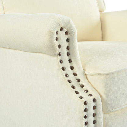 Push Back Recliner Chair Upholstered With Classic Wing Back And Solid Gourd-Shaped Legs For Living Room - Beige