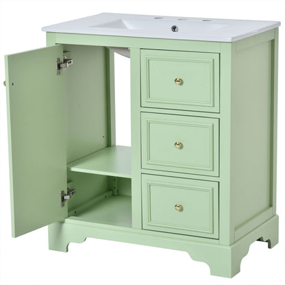 Bathroom Vanity Cabinet With Ceramic Basin, 3 Drawers And Adjustable Shelves - Green