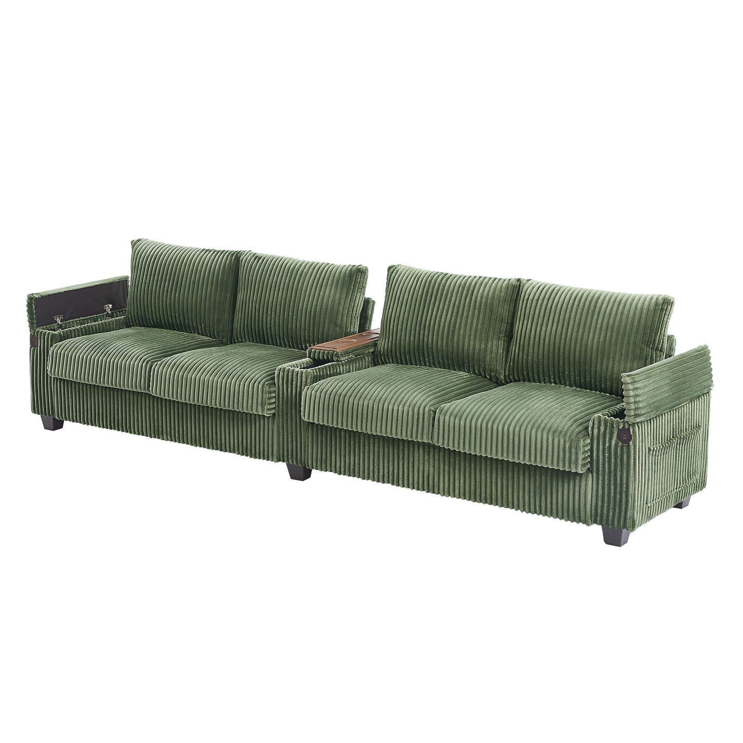 Modern 4 Seater Corduroy Sofa With USB Ports, Hidden Storage Arms, Flip Top Cup Holders - Green