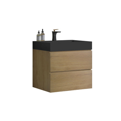 Alice - U090-Alice24W-106 Natural Oak Bathroom Vanity With Sink, Large Storage Wall Mounted Floating Bathroom Vanity For Modern Bathroom, One-Piece Black Sink Basin Without Drain - Light Oak