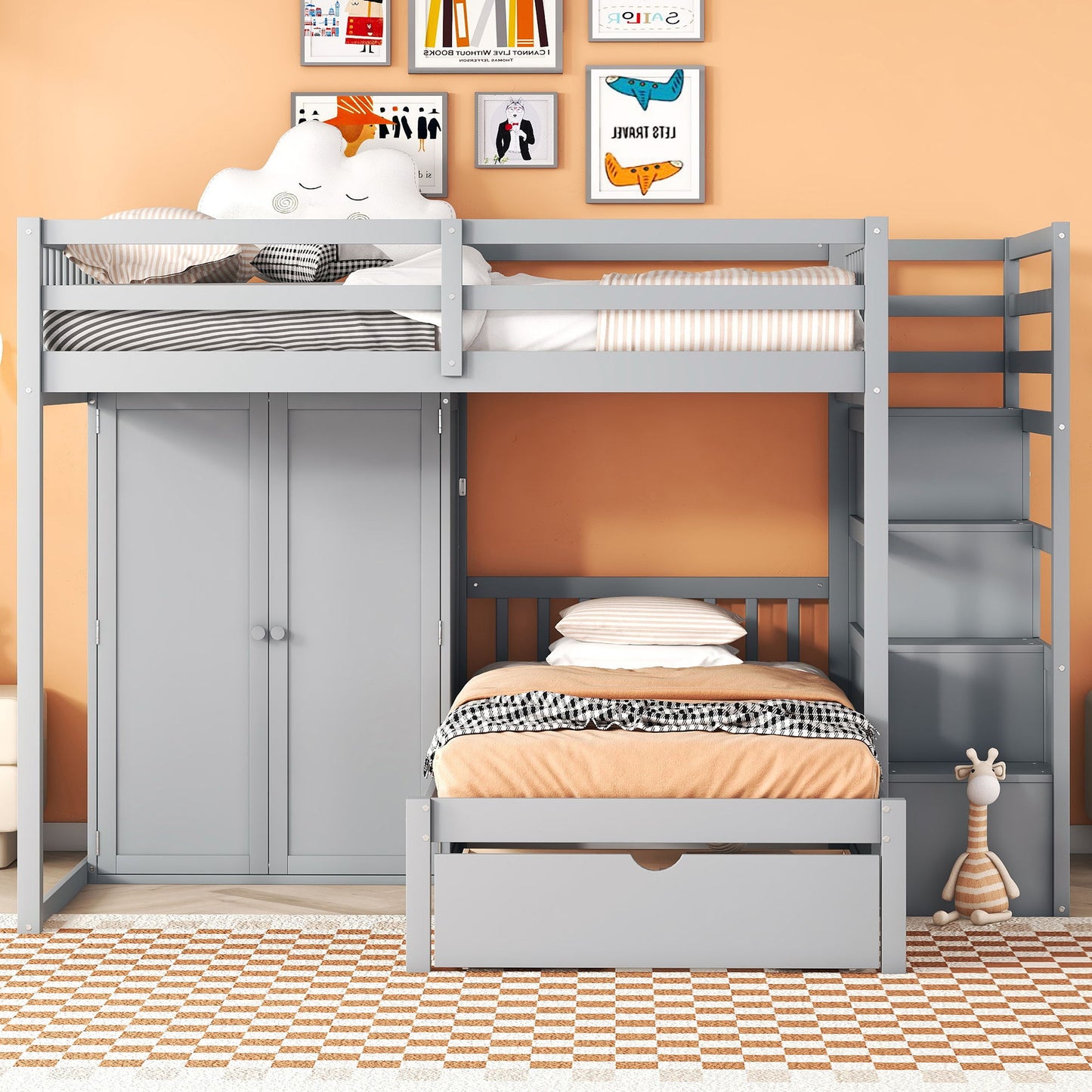 Full Over Twin Bunk Bed With Wardrobe, Drawers - Gray