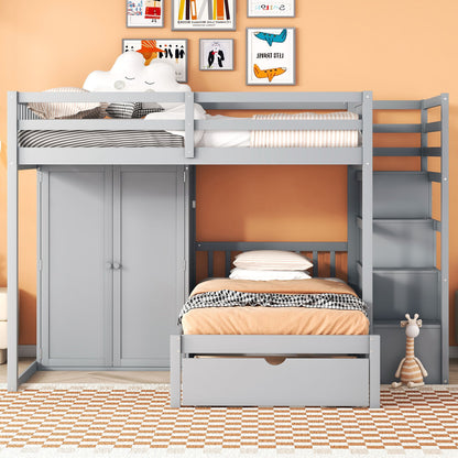 Full Over Twin Bunk Bed With Wardrobe, Drawers - Gray