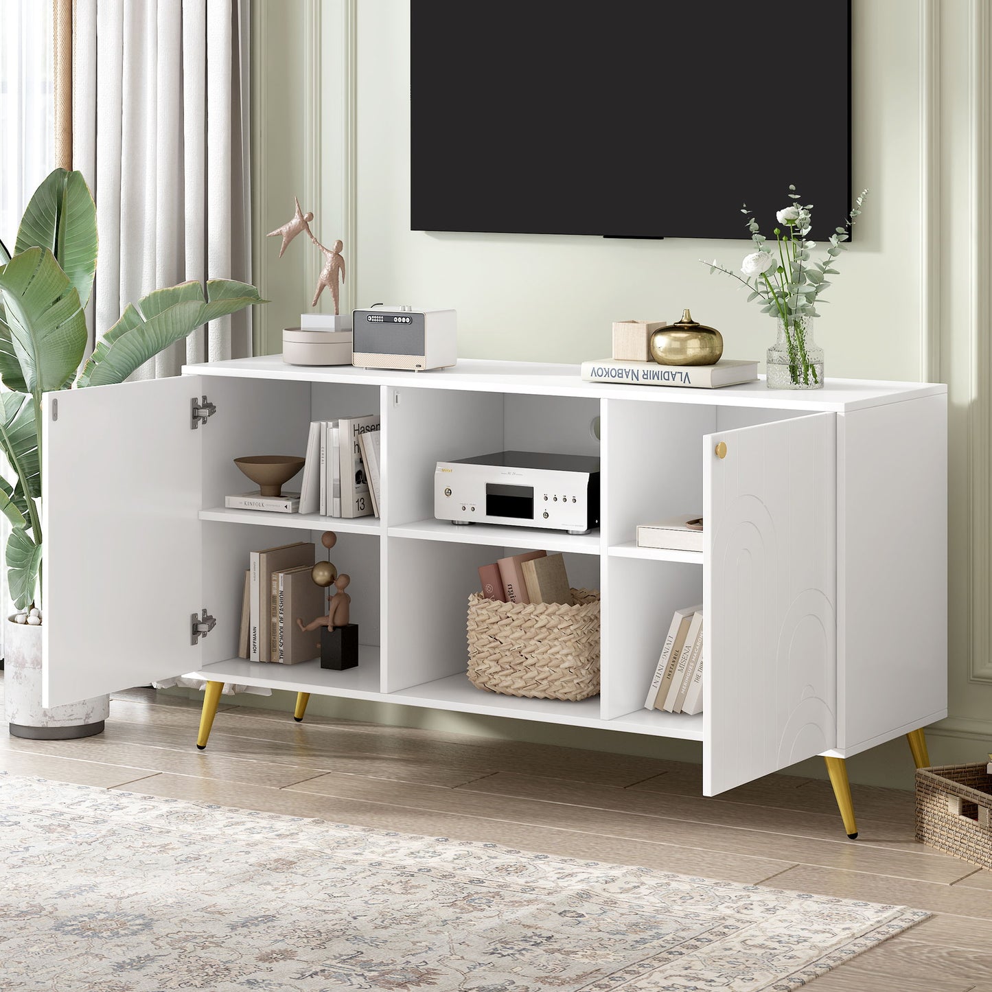 Modern TV Stand For TVs Up To 55", Entertainment Center Media Console, Adjustable Shelf, Metal Legs, Handles And Anti-Tip Device For Living Room - White