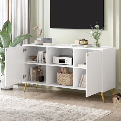 Modern TV Stand For TVs Up To 55", Entertainment Center Media Console, Adjustable Shelf, Metal Legs, Handles And Anti-Tip Device For Living Room - White