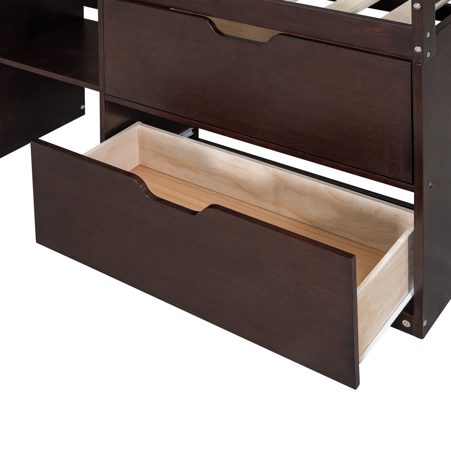 Twin Size Low Loft Bed With Rolling Desk, Shelf And Drawers - Espresso