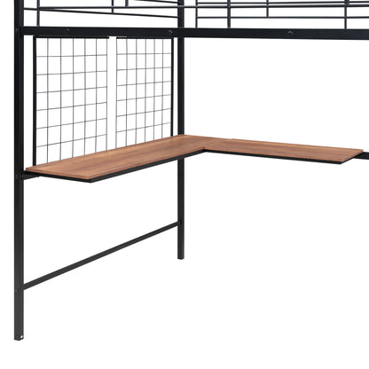 Full Size Loft Bed With Desk And Grid, Stylish Frame With Lateral Storage Ladder And Wardrobe - Black
