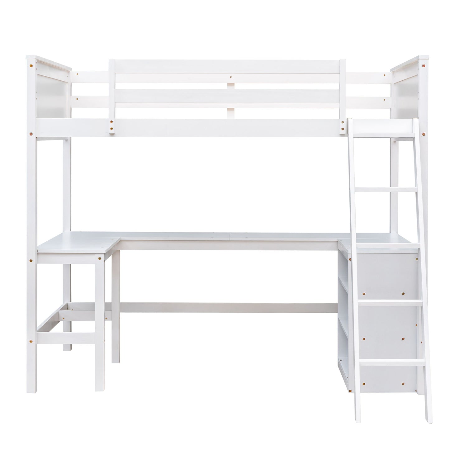 Twin Size Loft Bed With Shelves With Desk - White
