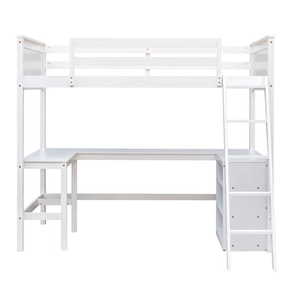 Twin Size Loft Bed With Shelves With Desk - White