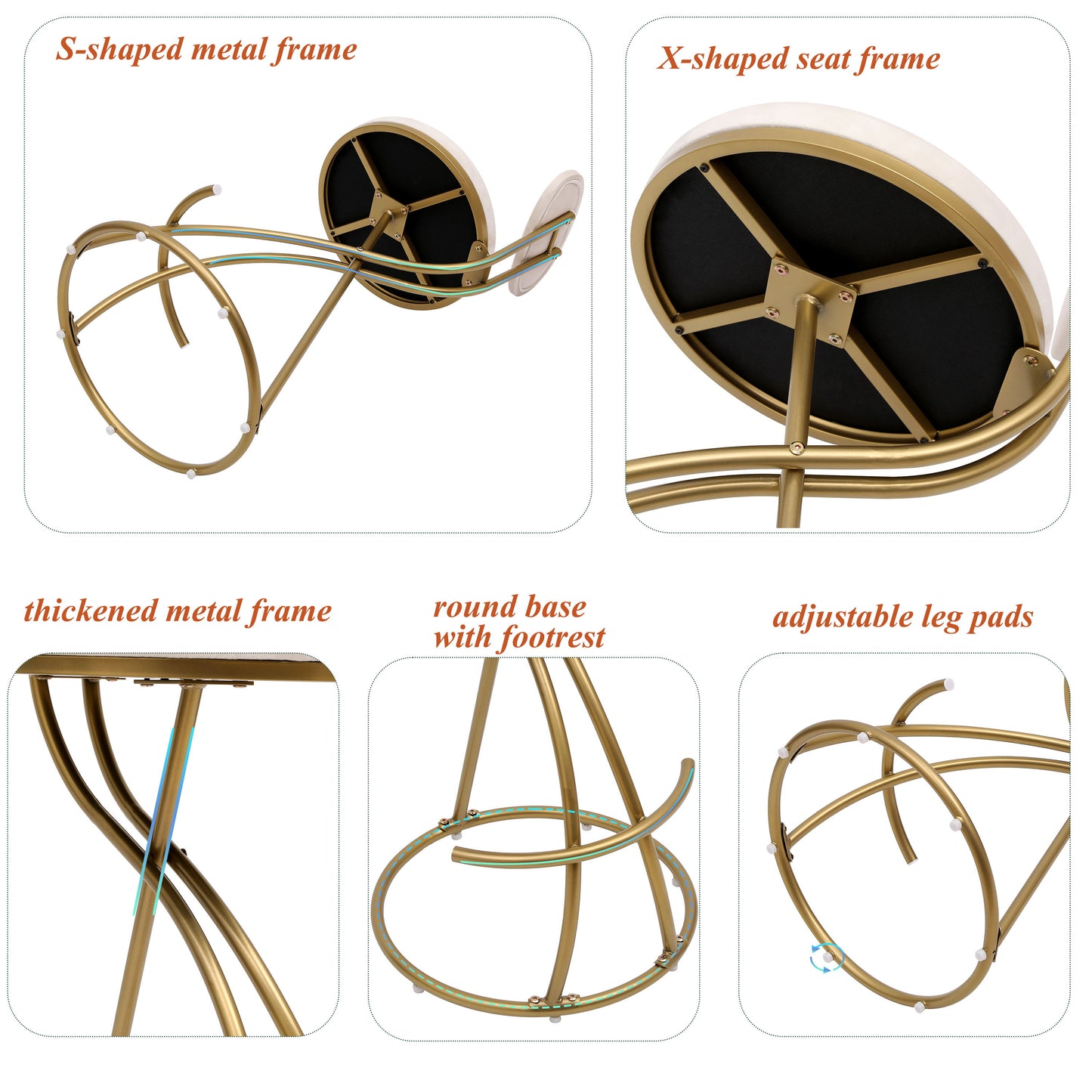 Round Bar Stool Armless Velvet Barstools With Back (Set of 2) Upholstered Counter Chair For Dining Room, Kitchen Island - Gold / Creamy White