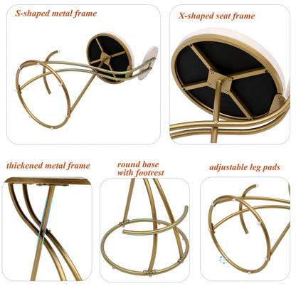 Round Bar Stool Armless Velvet Barstools With Back (Set of 2) Upholstered Counter Chair For Dining Room, Kitchen Island - Gold / Creamy White