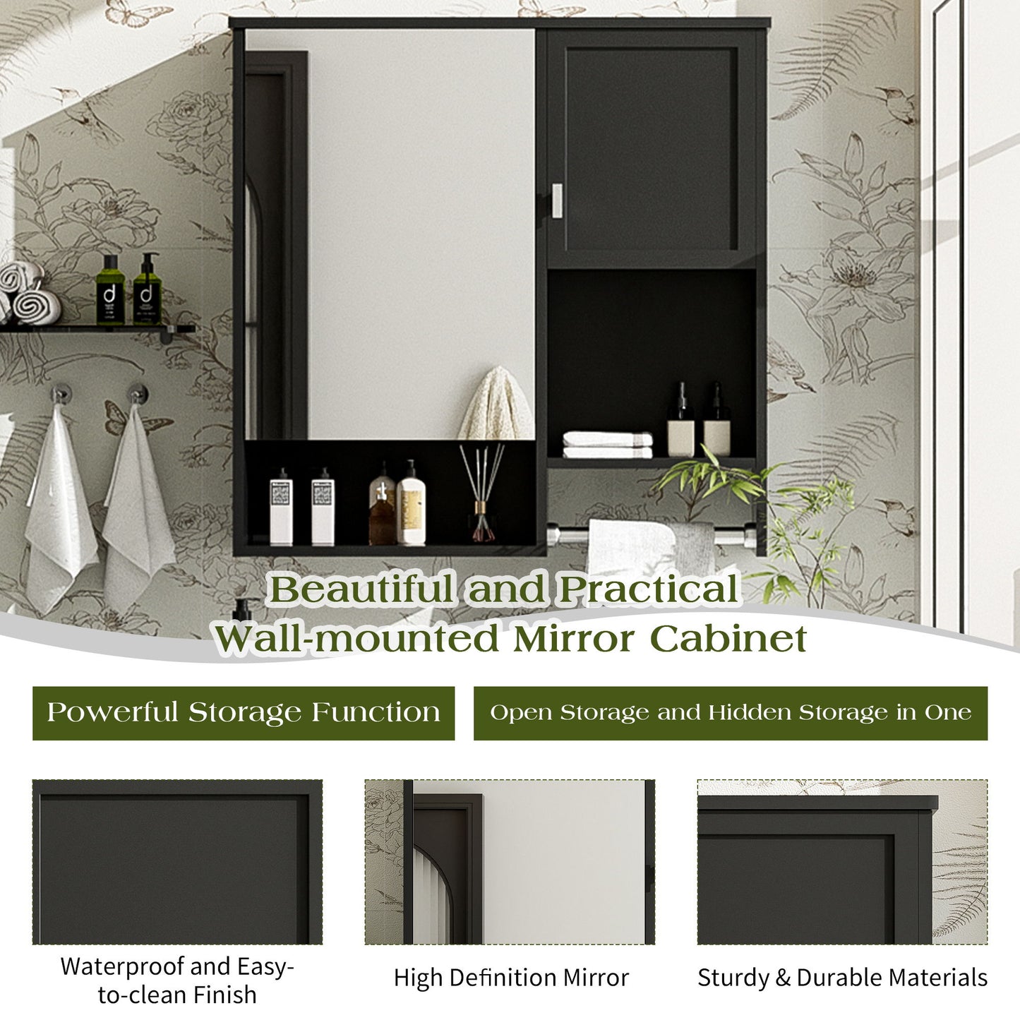 Modern Wall Mounted Bathroom Medicine Cabinet, Bathroom Wall Storage Cabinet With Mirror, Over The Toilet Space Saver Cabinet With Towels Bar - Black