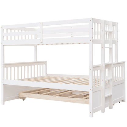 Twin Over Full Bunk Bed With Twin Size Trundle, With Drawers For Bedroom - White