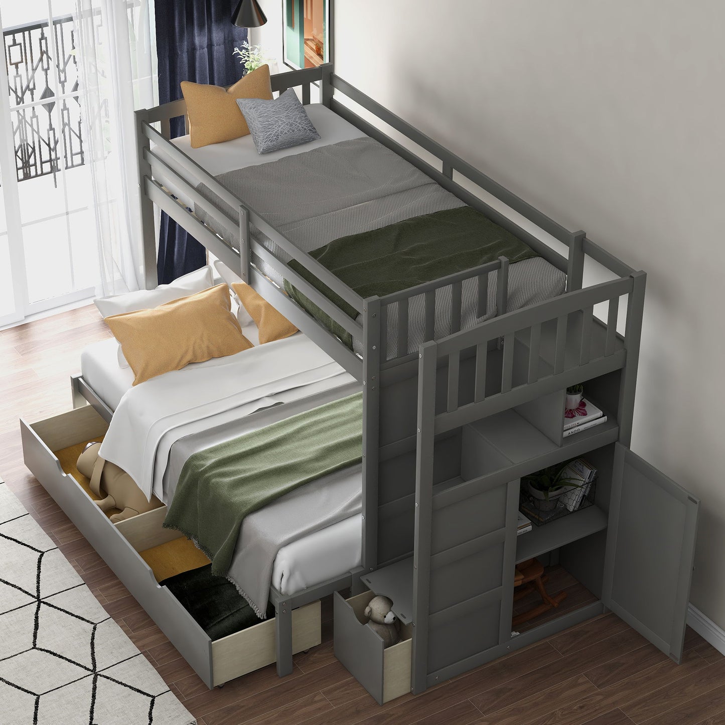 Twin Over Full / Twin Bunk Bed, Convertible Bottom Bed, Storage Shelves And Drawers - Gray