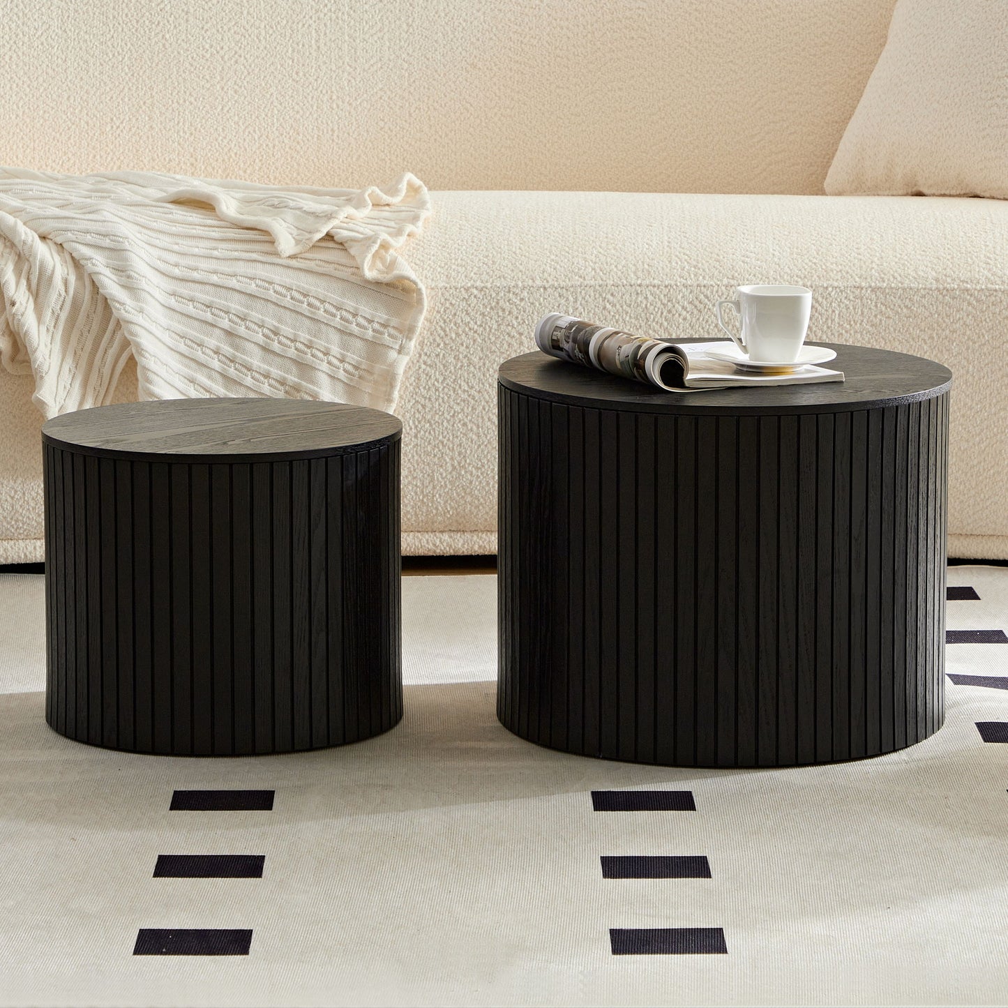 Modern Nesting Coffee Table Set With Walnut Veneer - 2 Pieces For Living Room - Black