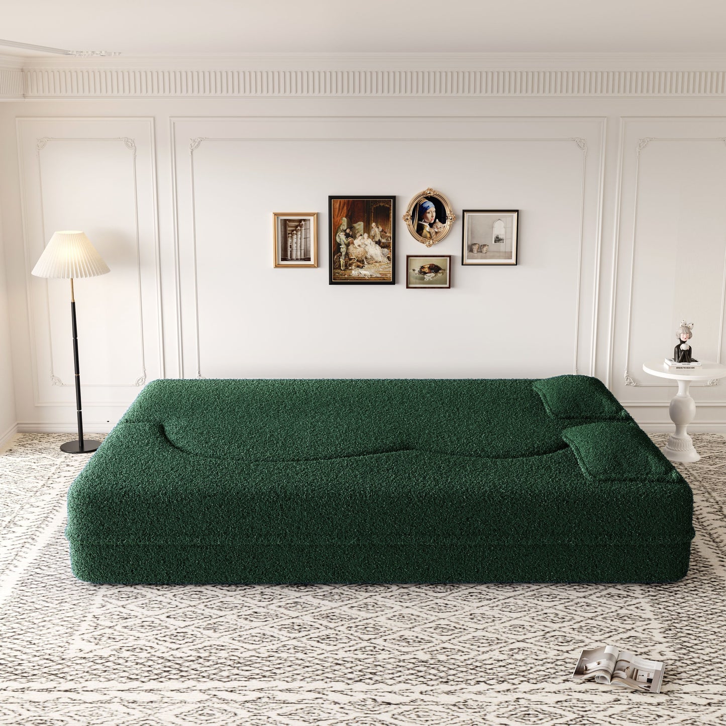 Modern Floor Sofa With 2 Pillows, Convertible Teddy Fabric Foam Filled Sleeper Sofa Bed, Full Size Folding Mattress For Living Room Guest Bed, Playroom, No Assembly Required - Green
