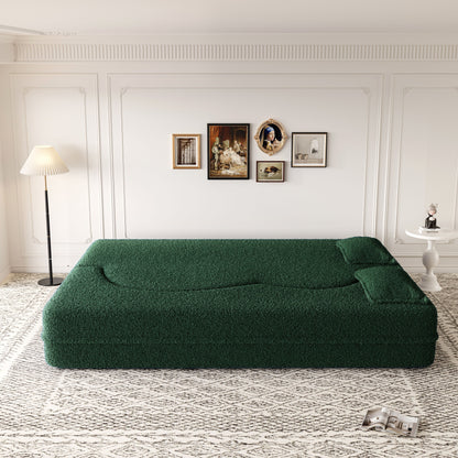 Modern Floor Sofa With 2 Pillows, Convertible Teddy Fabric Foam Filled Sleeper Sofa Bed, Full Size Folding Mattress For Living Room Guest Bed, Playroom, No Assembly Required - Green