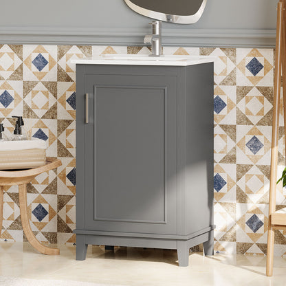 Modern Small Bathroom Vanity Cabinet With Ceramic Basin, Ample Storage, 1 Soft-Close Door - Gray