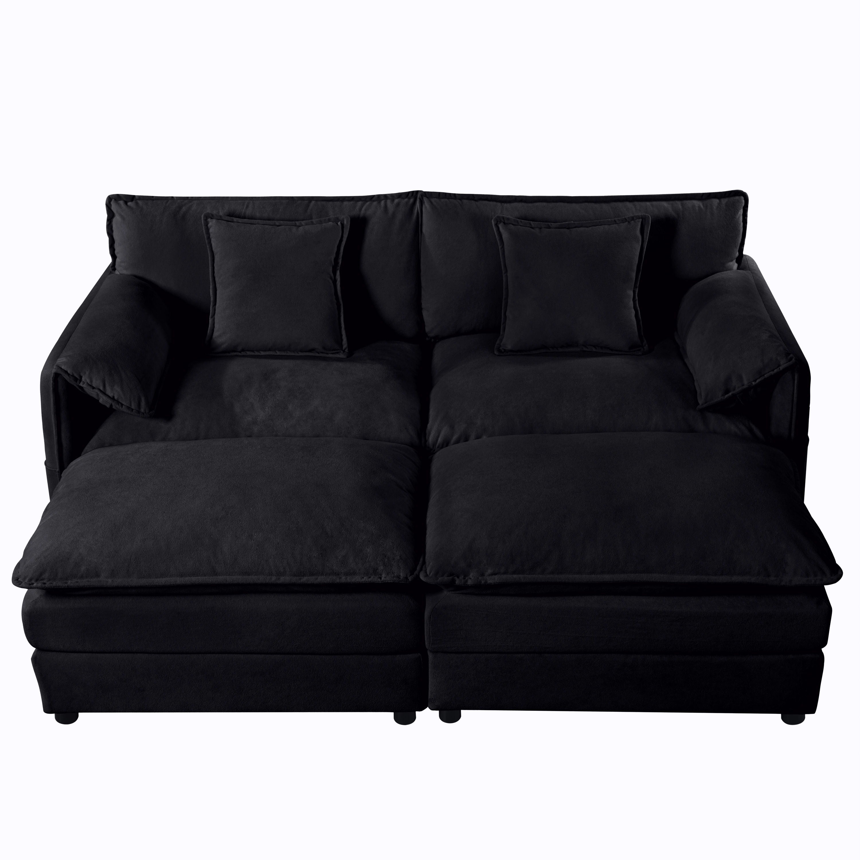Deep Seat Sectional Cloud Sofa With 2 Ottomans & Soft Pillows, Modular Loveseat Couch - Black Chenille
