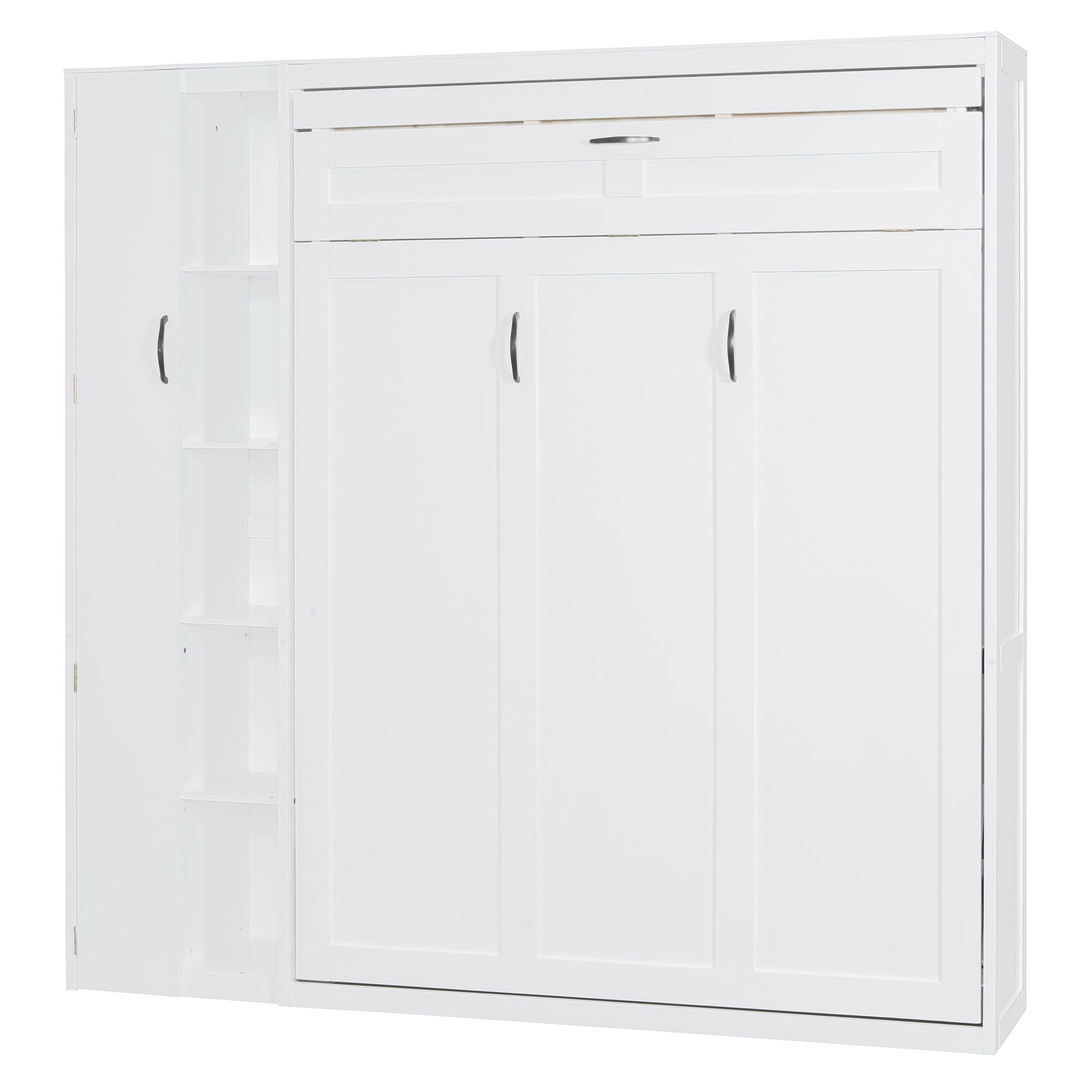 Full Size Murphy Wall Bed With Shelves, Wardrobe And LED Lights - White