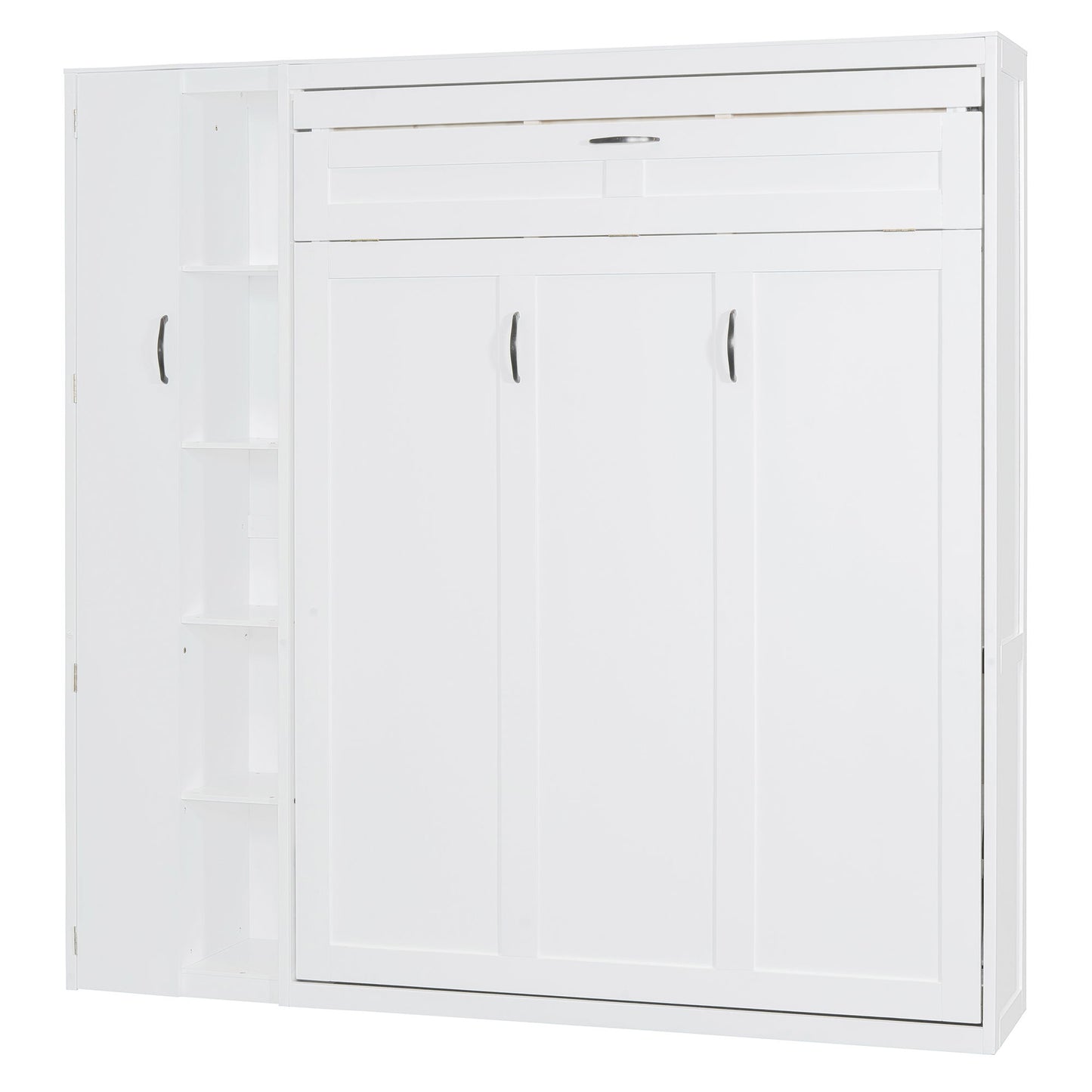 Full Size Murphy Wall Bed With Shelves, Wardrobe And LED Lights - White